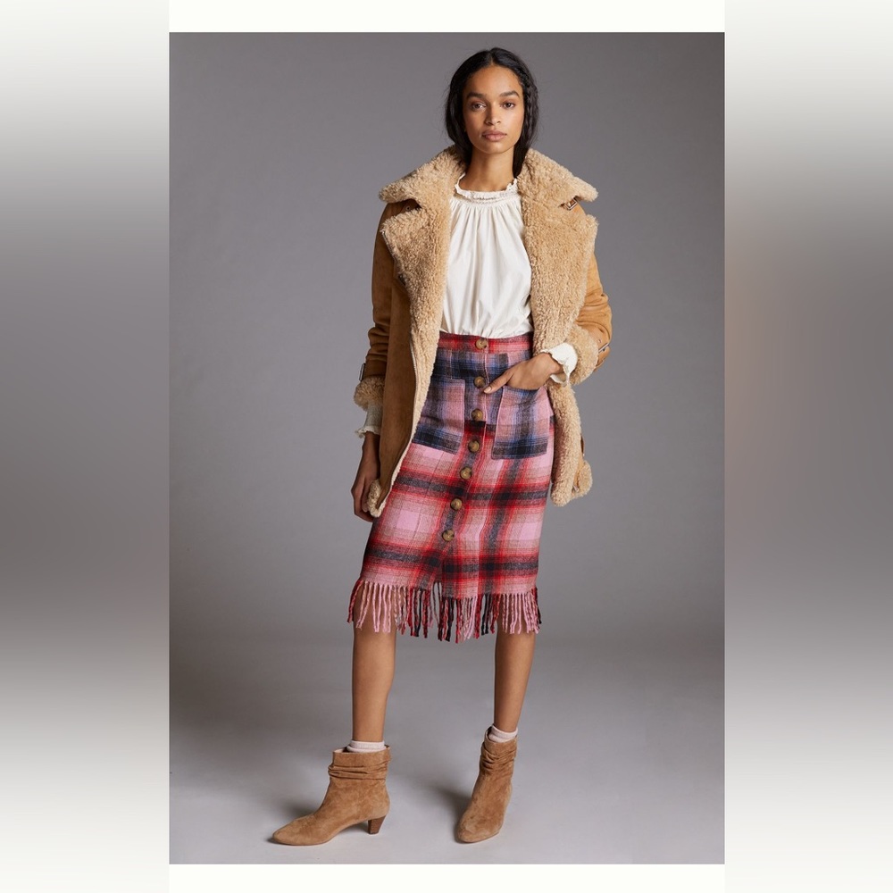 NWT! Maeve plaid fringe midi skirt